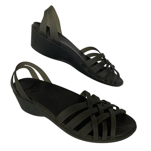 CROCS Shoes - Crocs Huaranche Mini Wedge Sandals Strappy Slip-On Casual Black 8